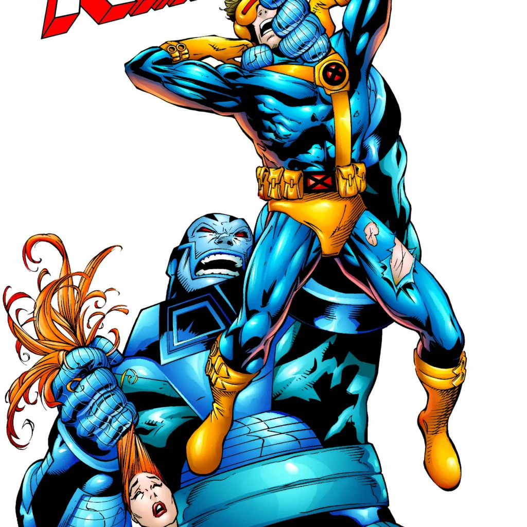 Apocalypse holding Jean Grey by the hair while lifting Cyclops in the air