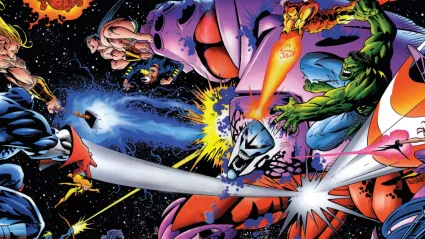 Onslaught battling Thor, Captain America, Hulk, and Iron Man