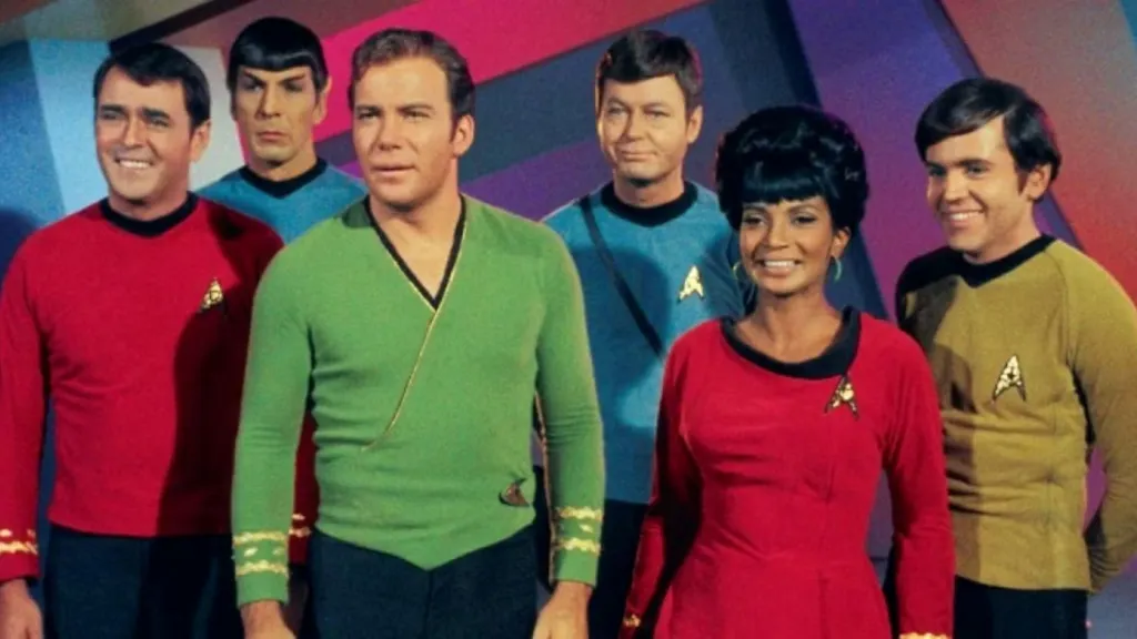 Star Trek main cast Left to right: James Doohan as Montgomery Scott, Leonard Nimoy as Spock, William Shatner as Kirk, DeForest Kelly as Dr McCoy, Nichelle Nichols as Uhura and Walter Koenig as Chekov