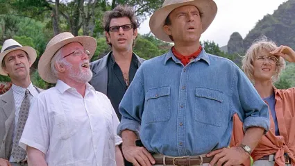 The cast of 1990s sci-fi movie Jurassic Park looking up