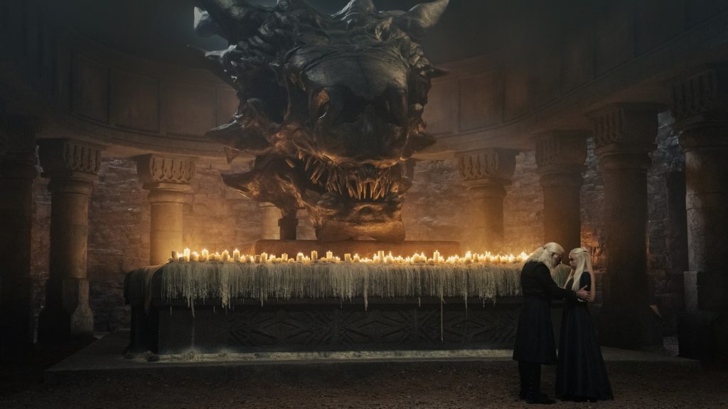 Viserys speaking to Rhaenyra in front of Balerion's skull in House of the Dragon season 1