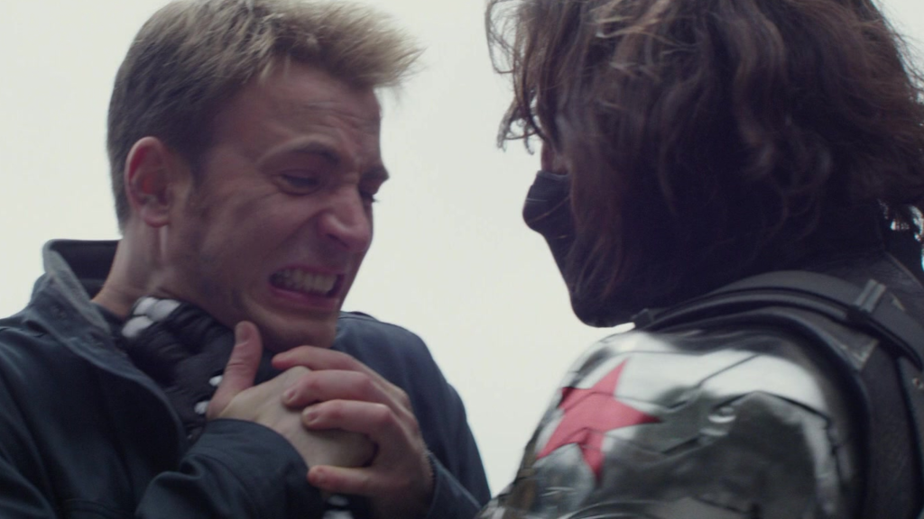 Steve Rogers being choked by Bucky Barnes in Captain America The Winter Soldier