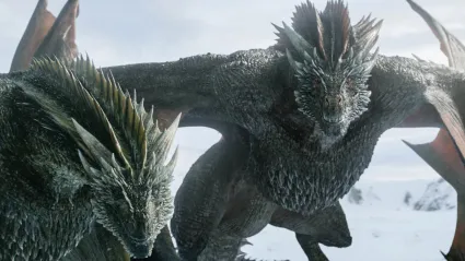 Two dragons in the snow in Game of Thrones.