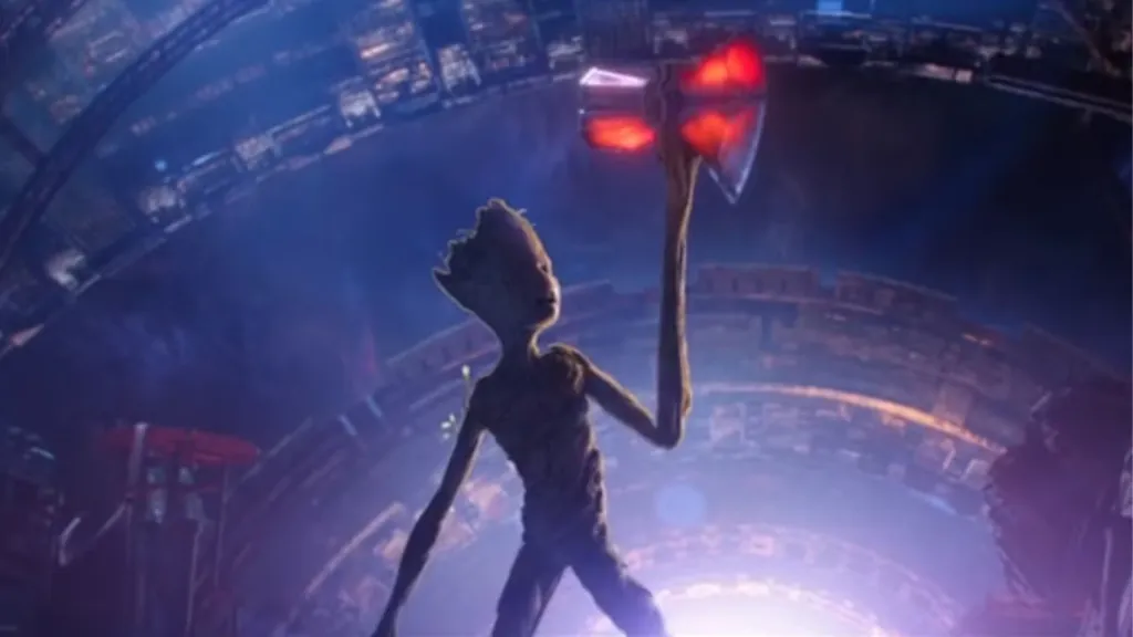 Groot holding Stormbreaker in Infinity War.