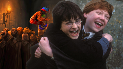 Art of Peeves with Hogwarts students, and Harry Potter and Ron Weasley celebrating