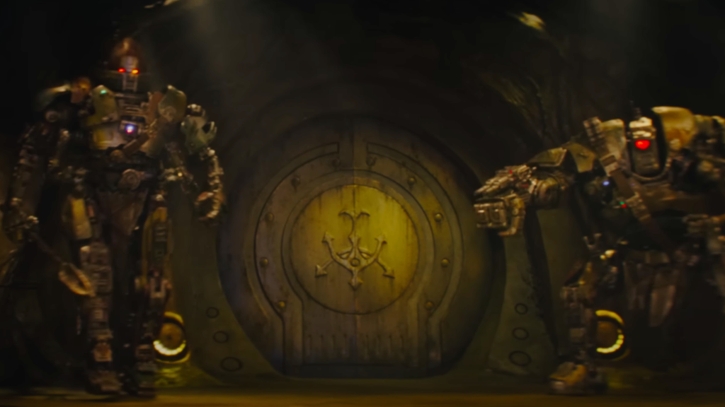 Battle droids next to the Hutt insignia in The Mandalorian and Grogu