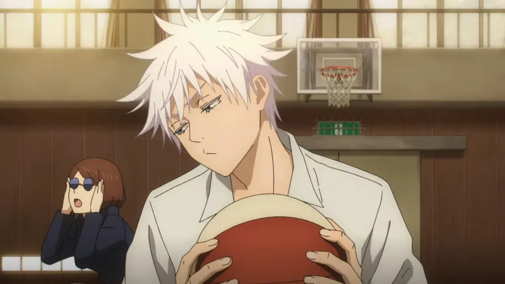 Gojo pouting as Nobara is playing around with glasses