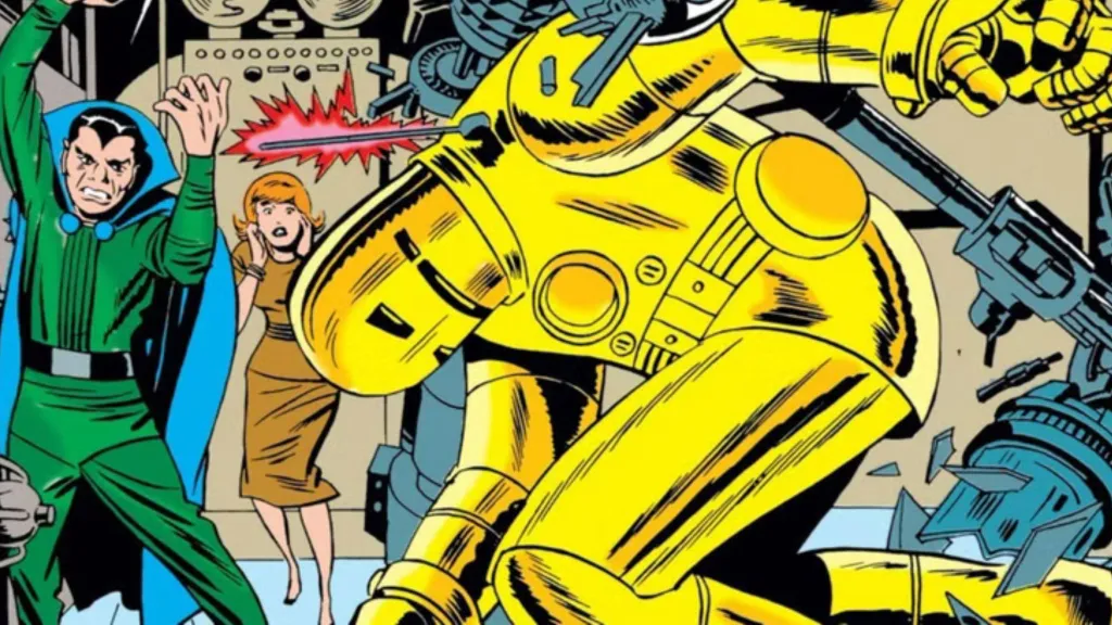 Iron man in his Gold Armor in Tales Of Suspense #41 fighting Doctor Carlo strange