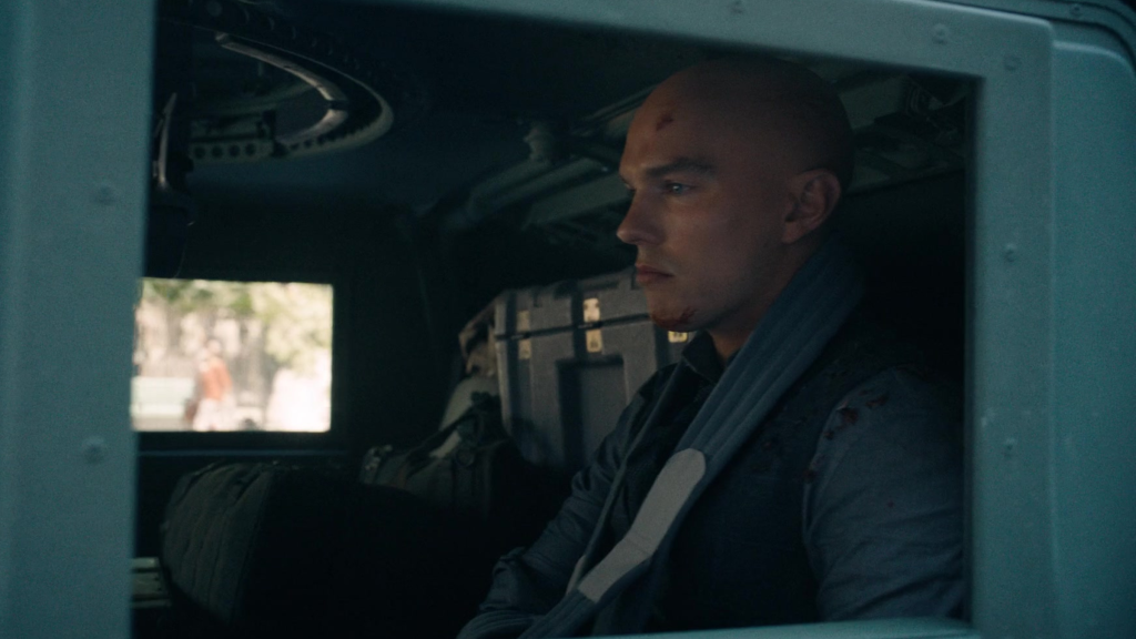 Lex Luthor (Nicholas Hoult) being taken to Belle Reve prison in Superman