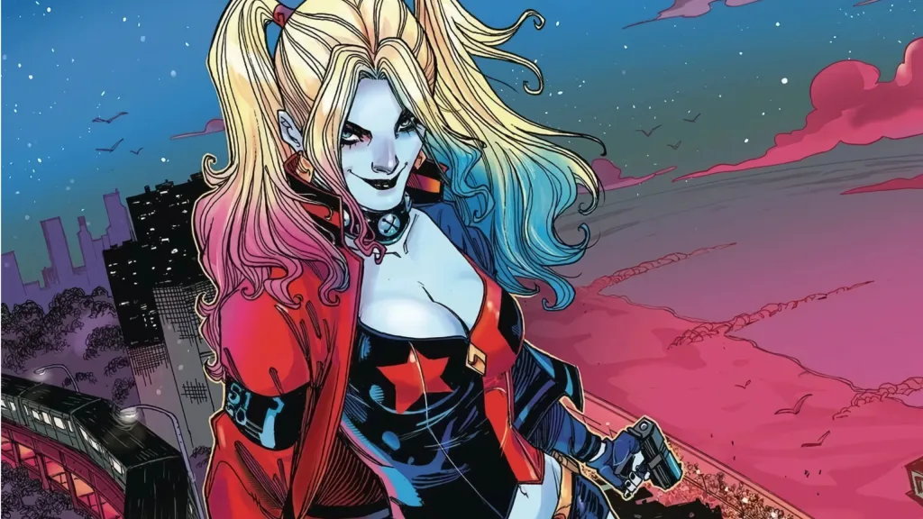 Harley Quinn standing over the city with a crazy look on her face