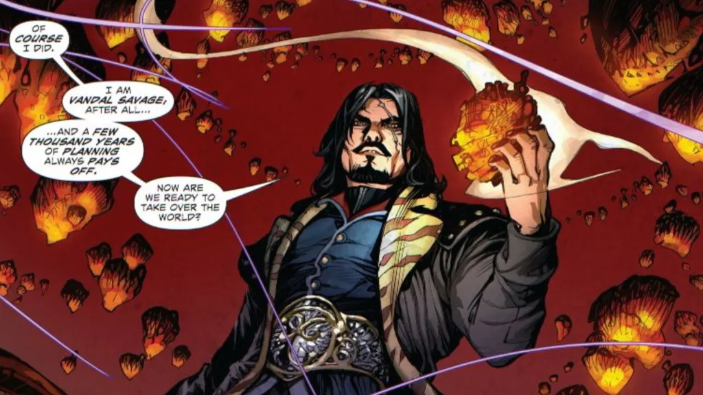 Vandal Savage pontificating while holding a glowing stone