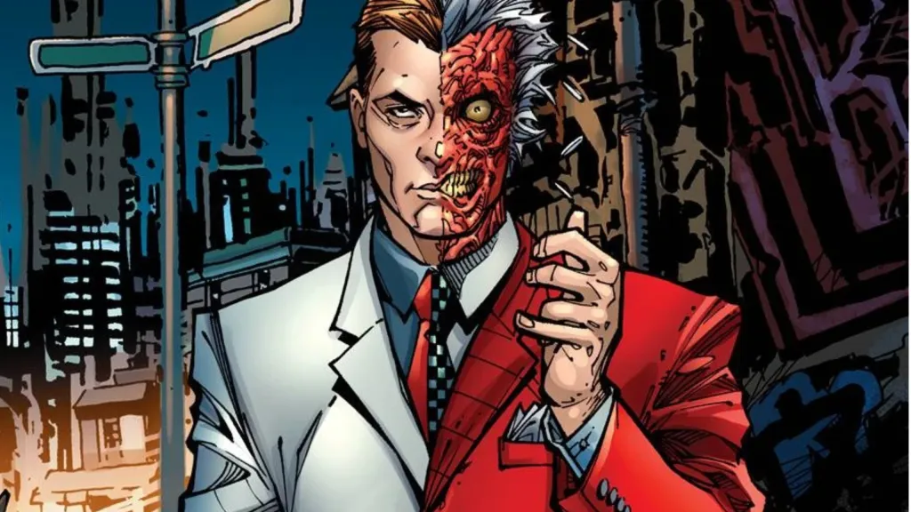 Two-Face flipping his coin; behind him, half of the city looks good and the other half is wrecked