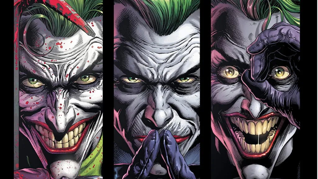 A split image of the Three Jokers - The Comedian, the Criminal, and the Clown