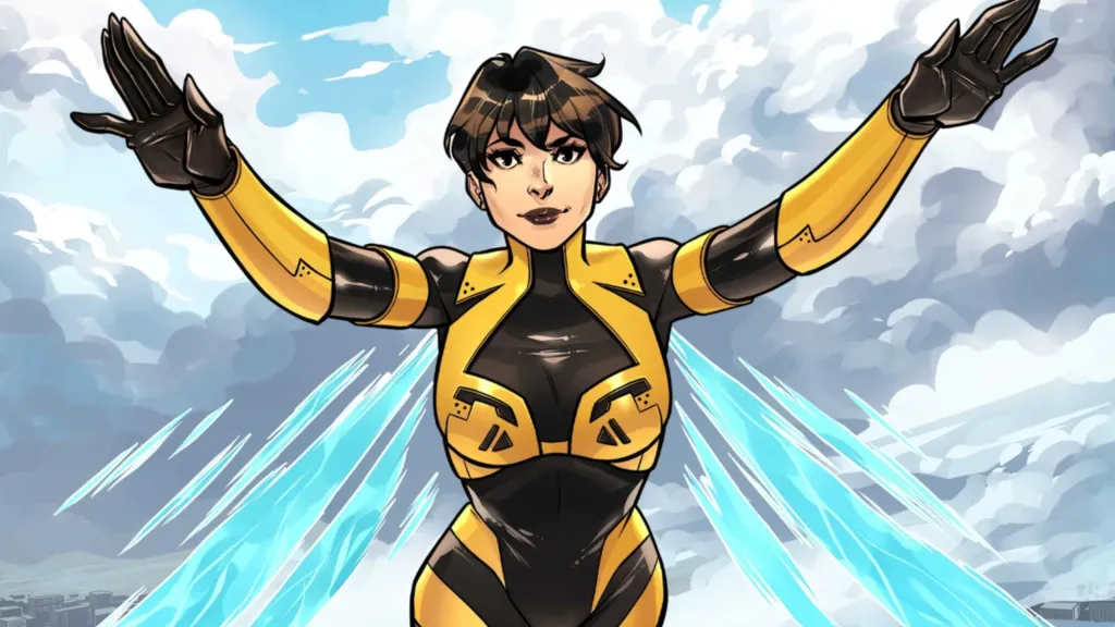 The Wasp flying in the air with her arms outstretched