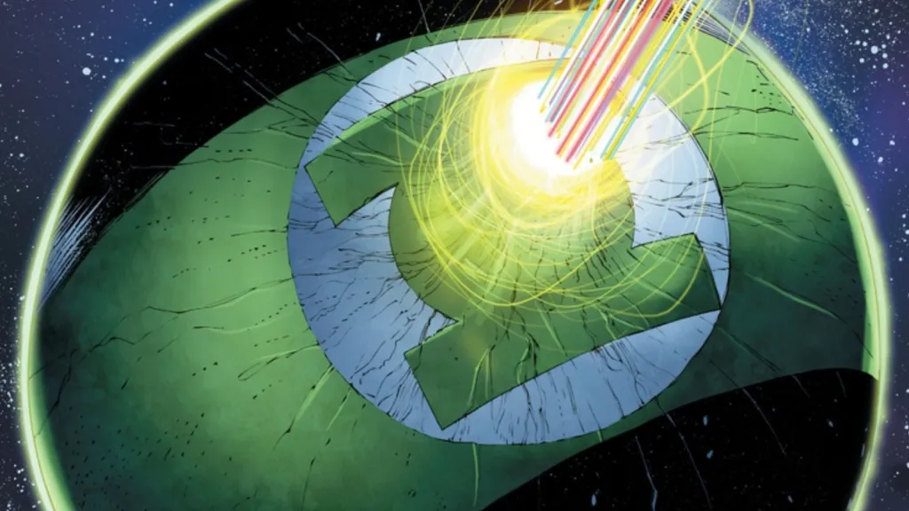 Mogo with a rainbow of energy firing from its Green Lantern symbol