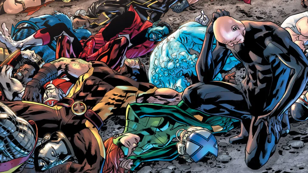 A mourning Professor X over the beaten bodies of Wolverine, Jean Grey, Nightcrawler, Colossus, and more