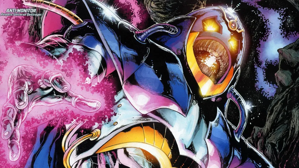 The Anti-Monitor with an evil smile on his inhuman face, his hand wreathed in pink energy