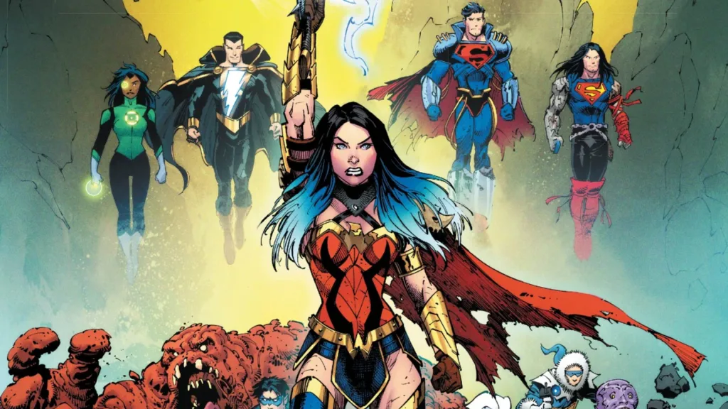 Wonder Woman standing in front of Captain Cold, Clayface, Jessica Cruz, Black Adam, Superboy-Prime, and Superman, while holding her sword up
