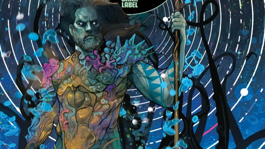 Aquaman standing holding his trident, surrounded by the waves of his aquatic telepathy