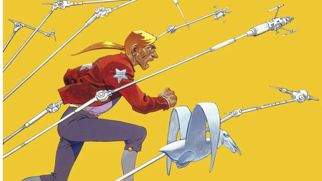 A long haired man in a red jacket running as robotic arms around him and bird flying next to him