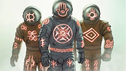 Three astronauts, their suits covered with runes, walking forward