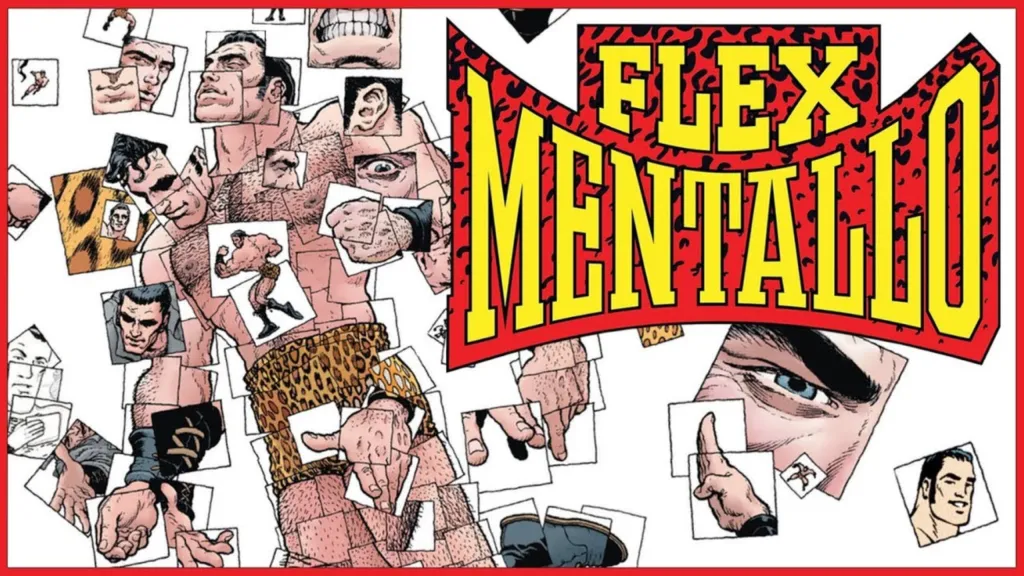 Pieces of Flex Mentallo on different pieces of paper with the Flex Mentallo logo