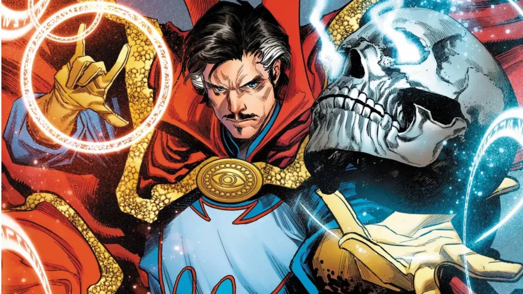 Doctor Strange using his powers with a floating skull bleeding blue energy in front of him