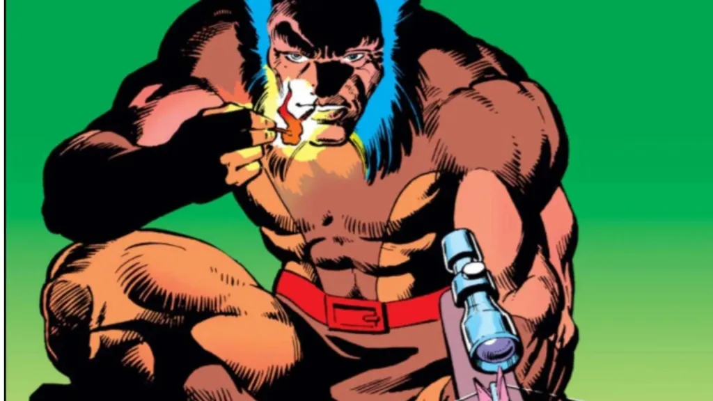 Wolverine lighting a cigarette holding a crossbow while smiling