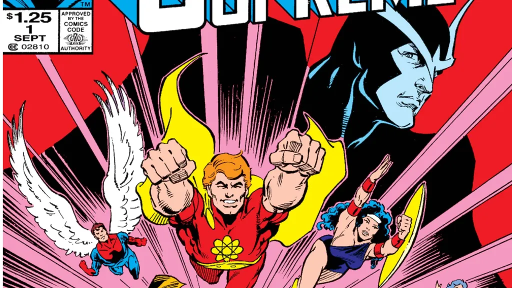 KNighthawk in the background as Hyperion, Power Princess, and Winged Eagle fly out of him