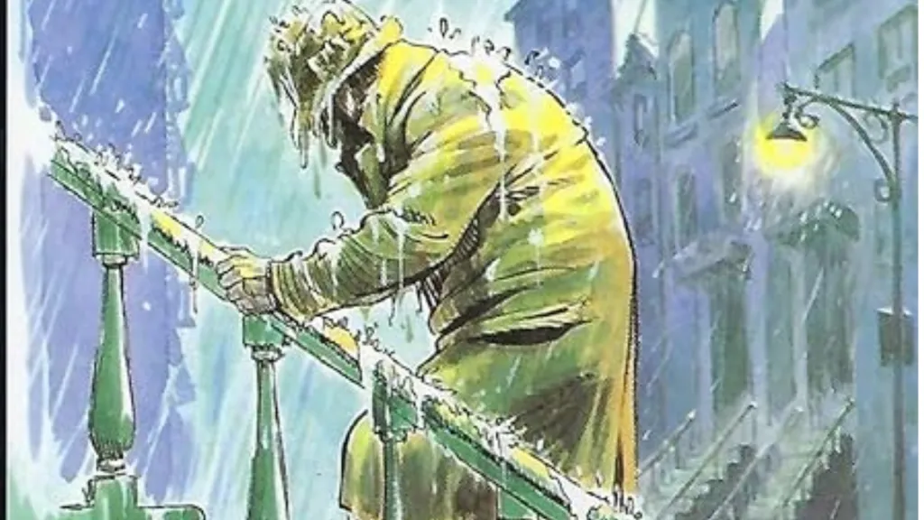 A man walking up stairs in the rain in New York City