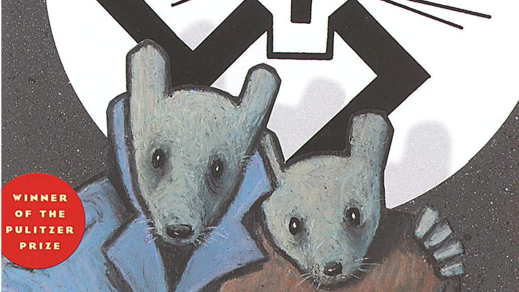 Two mice holding each other under a swastika with a cat face in the middle