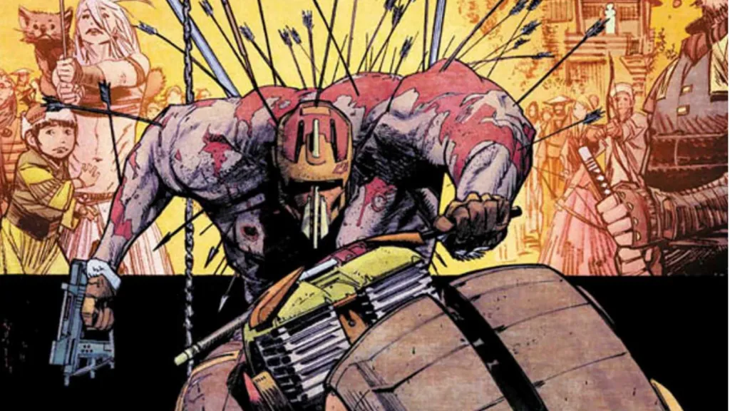 Led Dent on his motorcycle with arrows sticking out of his back, while his girlfriend Debbie Decay stands with a group of Japanese warriors