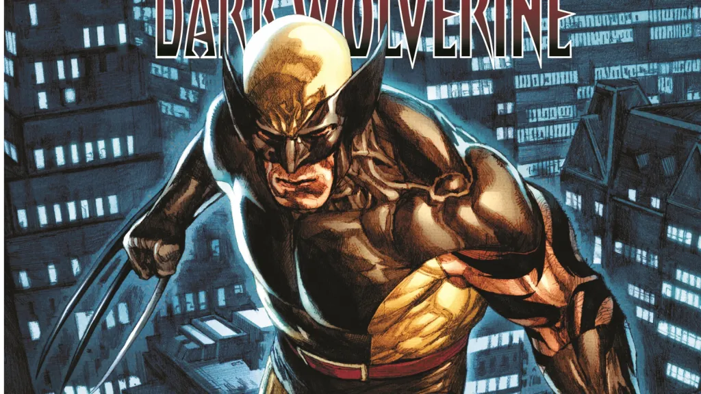 Daken in the brown and orange Wolverine costume with the city behind him