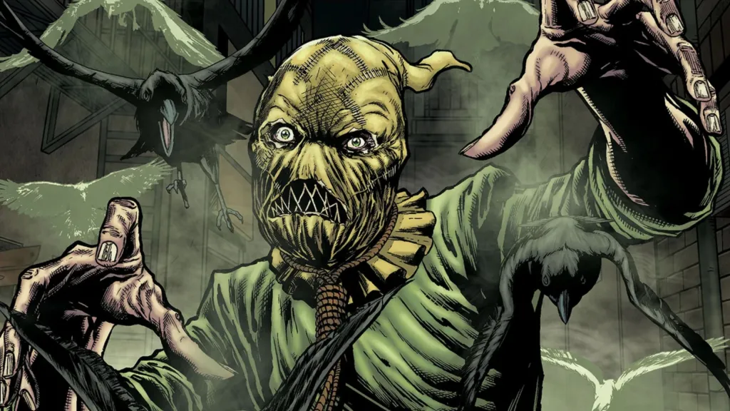 Scarecrow surrounded by crows and looking scary