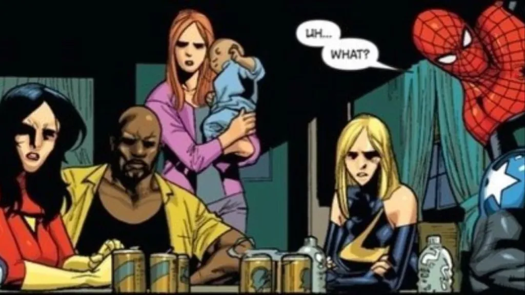 Spider-Woman, Luke Cage, Jessica Jones, Ms Marvel, and Spider-Man sitting at a table together