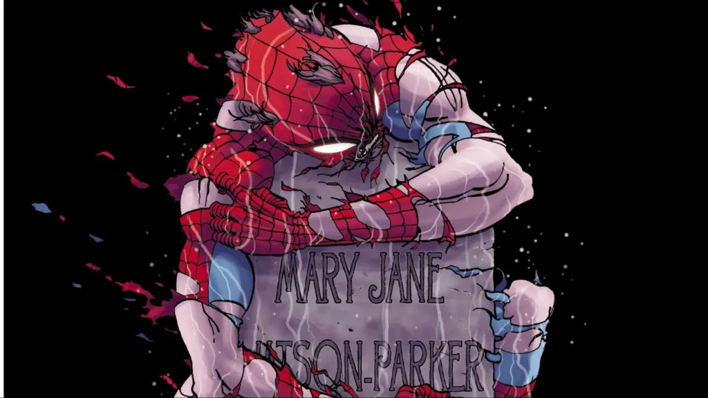 An older Spider-Man in a tattered costume holding Mary Jane's grave