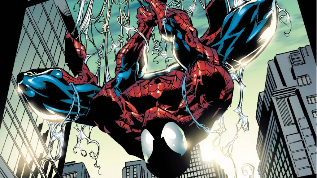 Spider-Man hanging upside down in a window