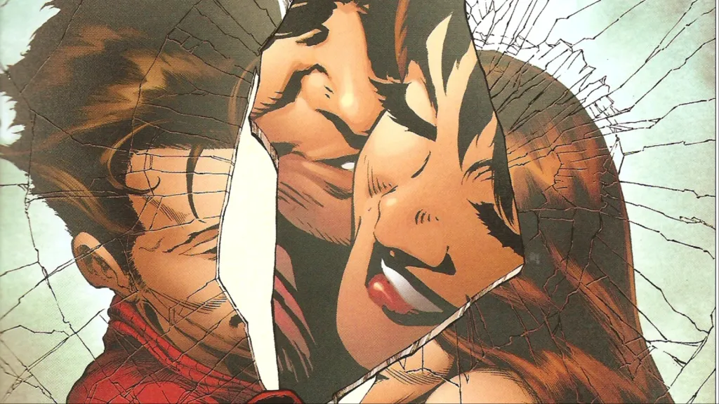 Spider-Man holding up a broken glass piece with him and Mary Jane on it