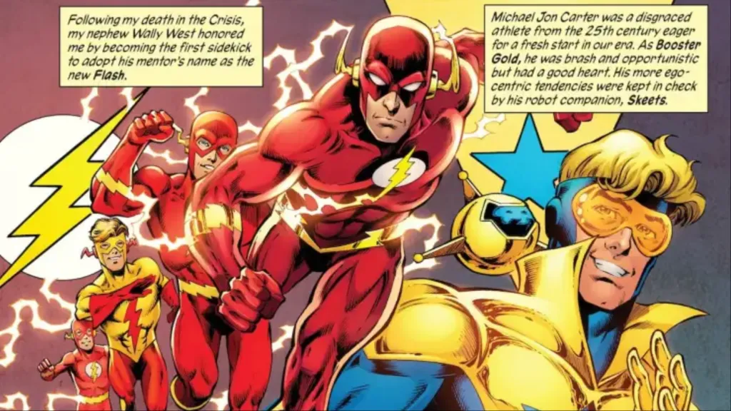 The Flashes running next to a picture of Booster Gold