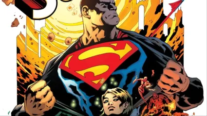 Superman pulling open his shirt in front of the sun