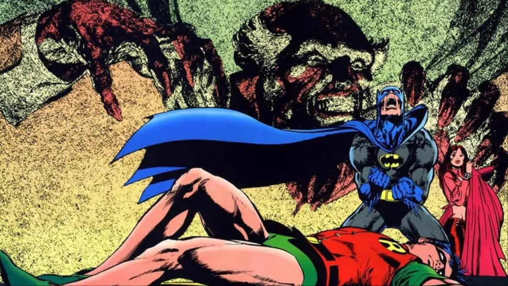 Batman yelling overa fallen Robin with Talia al Ghul behind him as the specter of Ra's al Ghul reaches towards him