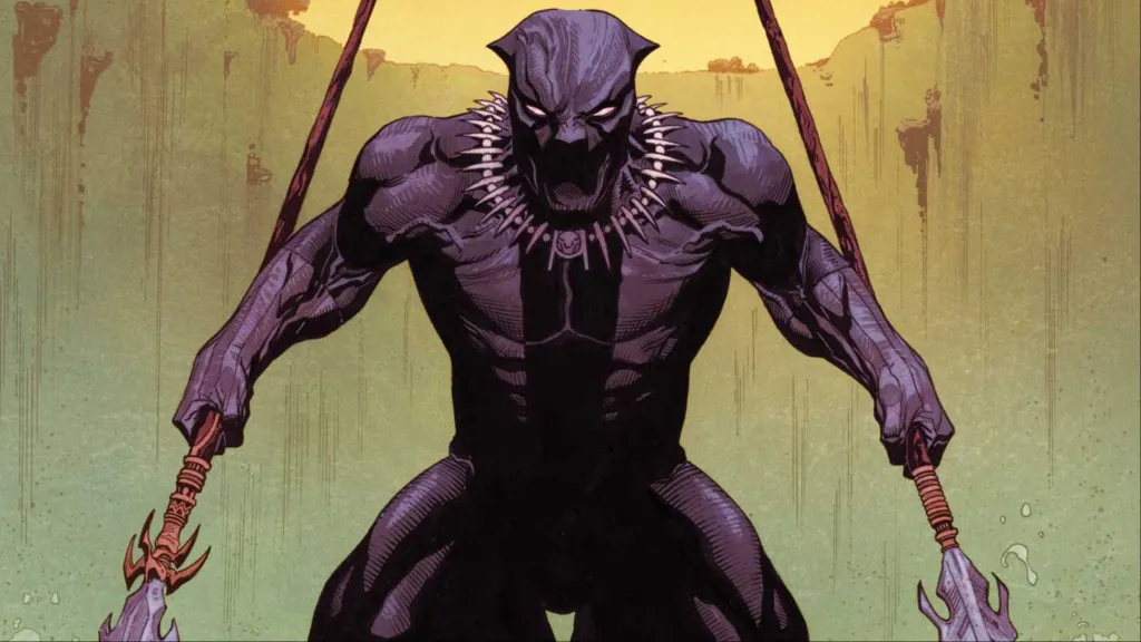 Black Panther ready to pounce holding two different spears