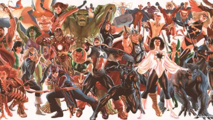 The Avengers gathered together drawn and painted by Alex Ross