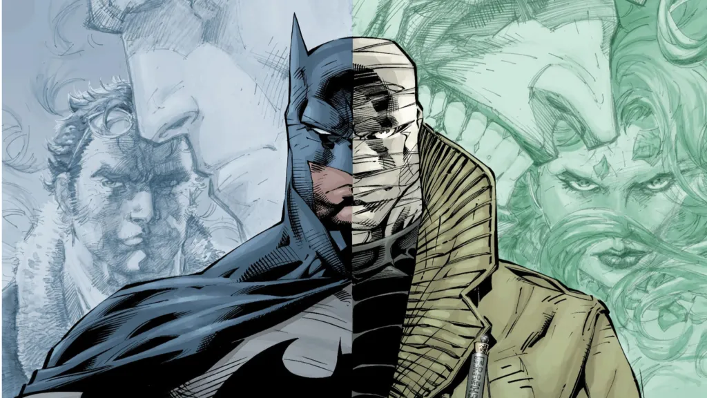 A picture of Batman on one side and Hush on the other, with Tommy Elliot's face on the Batman half and Joker and Poison Ivy on the Hush half