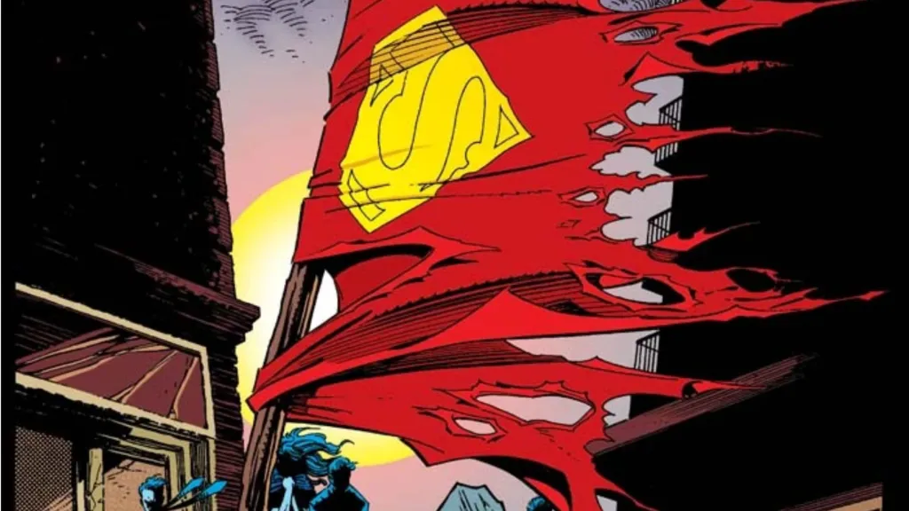 Superman's tattered cape on a stick blowing in the breeze, with Lois Lane, Jimmy Olsen, and Perry White crying in shadow behind it