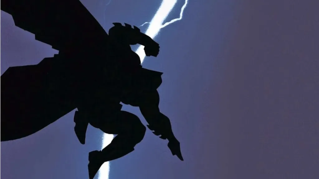 A shadowy Batman jumping through the air with a lightning bolt behind him