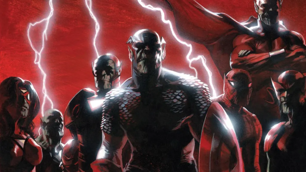 Skrulls masquerading as Spider-Woman, Luke Cage, Iron Man, Captain America, Wolverine, Spider-Man, and the Sentry under a lightning filled red sky