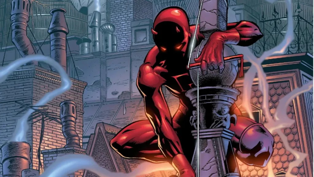 Daredevil sitting on a ledge, wrapped around a stone cross