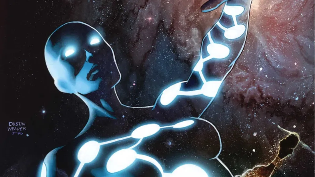 Captain Universe in space, gesturing with her hand