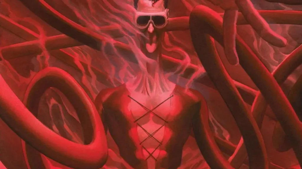 Plastic Man with his arms wrapping around his body, tinted red and smoking